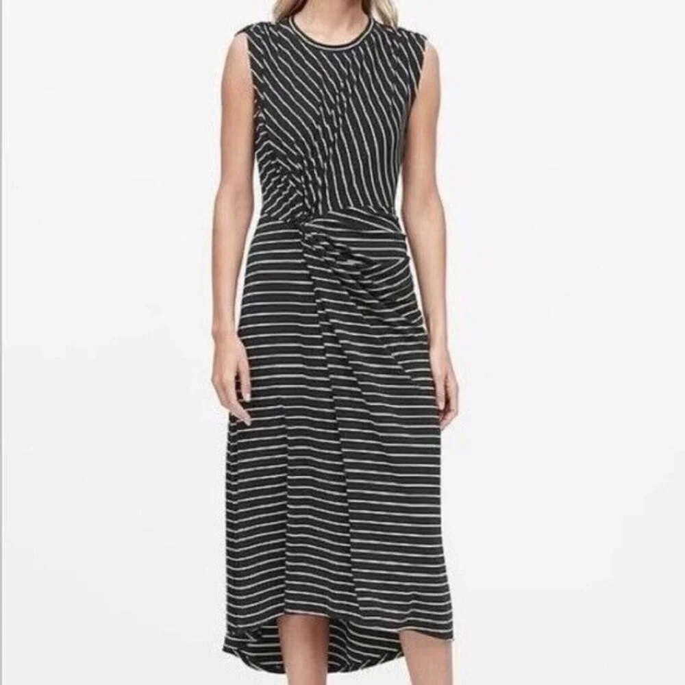 Banana Republic Stripe Twist FrontMidi Dress Size Medium Black & White - Picture 2 of 15